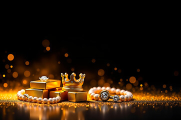 Luxurious Gold Crown and Jewelry on Gift Boxes with Sparkling Bo