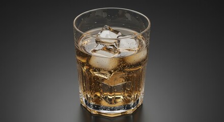 Refreshing Golden Beverage with Ice Cubes in Glass