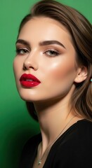 Young Woman with Bright Red Lipstick and Elegant Makeup Portrait on Green Background