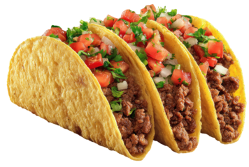 Three beef tacos, topped with a vibrant salsa of diced tomatoes, onions, and cilantro, sit side-by-side.  The golden-yellow corn tortillas hold the seasoned ground beef filling