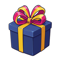 Obraz premium A beautifully wrapped present sits, its dark blue box adorned with a vibrant yellow ribbon and a striking pink bow, symbolizing celebration and the joy of giving on a special occasion.