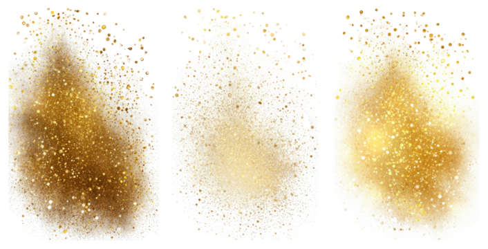 Three stylized depictions of a country's shape, rendered in gold and white glitter effects
