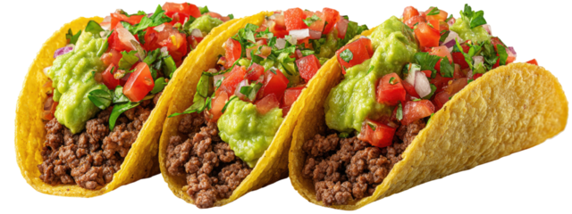 Three beef tacos topped with guacamole and pico de gallo