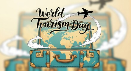 World tourism day celebration with vintage suitcase and airplane