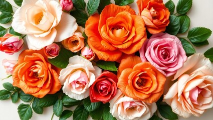 Naklejka premium A vibrant bouquet of multi colored roses with green leaves on a white background