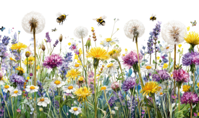 Vibrant meadow bursting with wildflowers and buzzing bees