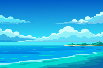 Obraz premium Vibrant coastal scene with blue ocean, fluffy clouds, and island paradise perfect travel
