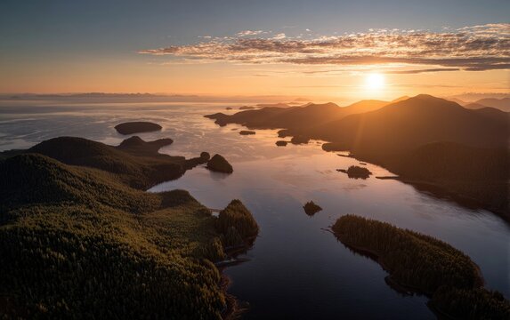 Aerial view of a tranquil fjord at sunset