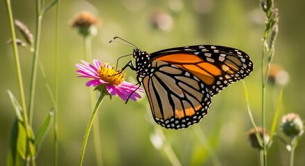 Fototapeta premium A monarch butterfly with vibrant orange and black wings rests on a pink flower, surrounded by a soft green meadow.