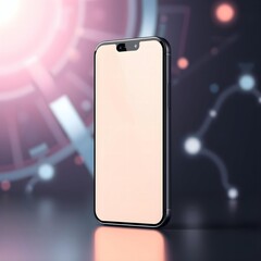 A sleek smartphone stands upright with a blank screen, set against a blurred background with astrological symbols