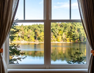 Fall lake vista through a window