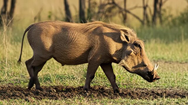 Brown Warthog Walking in a Grassy Field with Trees in the Background in Kenya