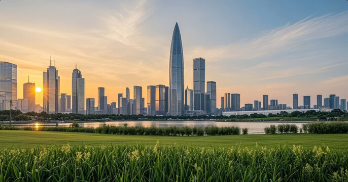 Shenzhen City Skyline at Sunrise with Landmark Buildings for a Business Background