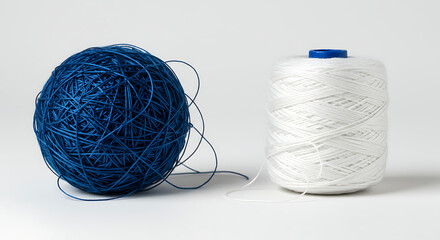 A Ball of Blue Thread Next to a Spool of White Thread, Symbolizing Complementary Elements, Duality, Creation, or the Intricacy of Connections and Relationships