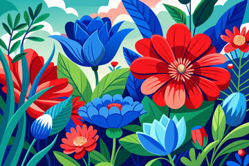 Vibrant floral explosion showcasing bold red and blue blooms with lush green foliage, perfect for spring.
