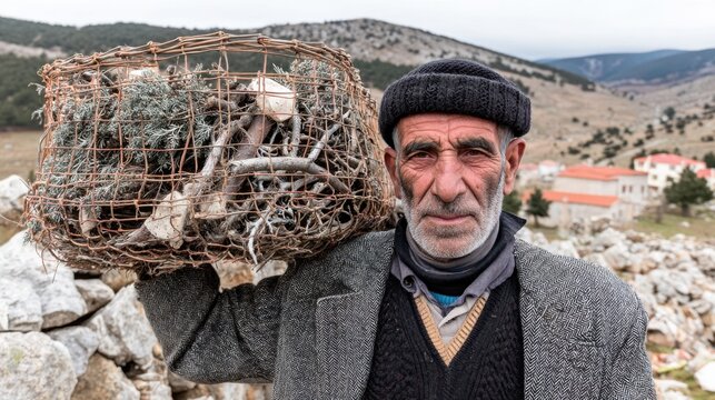 Rural man collecting firewood mountains photography natural setting close-up sustainable living