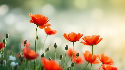 Naklejka premium Vibrant orange poppies blooming in a soft focus meadow with gentle sunlight