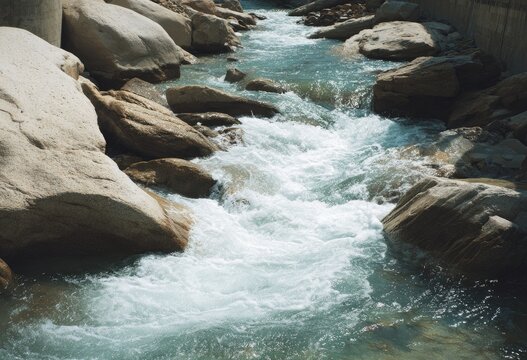 Mountain stream flows over rocks