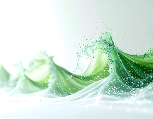 Green liquid splash with water droplets in motion creating dynamic wave shapes and fresh energy