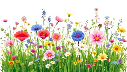 Vibrant field of wildflowers in bloom against a white background