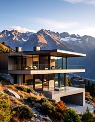 Modern house nestled in mountain landscape