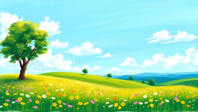 Vibrant green rolling hills with a lone tree and wildflowers under a bright blue sky