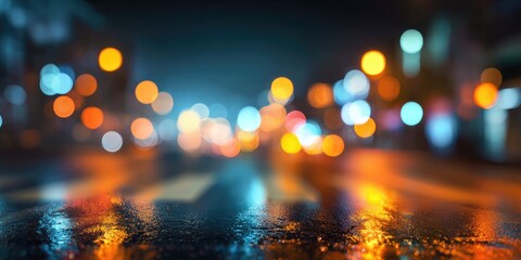 Night city lights reflecting on wet pavement