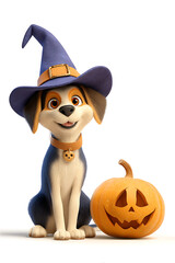 A cheerful dog wearing a witch hat sits beside a carved pumpkin, celebrating Halloween