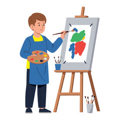 Vector illustration of a teenager learning to paint on a canvas. Isolated on a white background.
