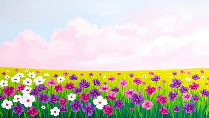 Vibrant field of wildflowers under a soft pink sky with fluffy clouds