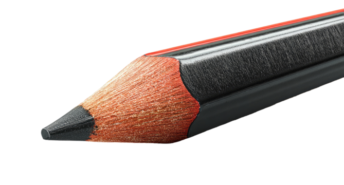 Close-up of a graphite pencil's tip and body.  A sharpened graphite lead is visible, with a reddish-brown wood casing. The pencil's body is dark gray, and a thin orange/red band runs along the side