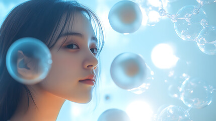 Naklejka premium Futuristic Glass and Water Molecular Designs: A Conceptual Exploration of Advanced Skincare and Cosmetic Innovation, Blending Organic Patterns, Bioluminescence, and Minimalist 3D Aesthetics