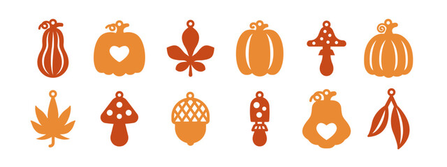 Set of 10 autumn designs for earrings, pendant or keychain. Jewelry silhouette cut template. Laser cutting with leather, wood or metal. Vector stencils