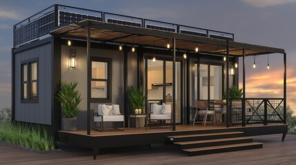 Obraz premium Modern tiny house design urban setting architectural showcase evening ambiance exterior view sustainable living concept
