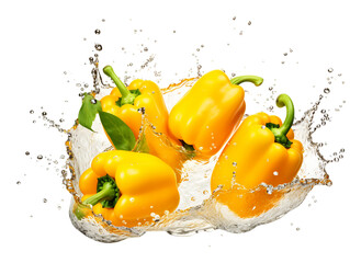 A group of fresh yellow bell peppers are suspended in a dynamic water splash against a stark black backdrop with scattered droplets and green leaves, creating a refreshing visual, PNG