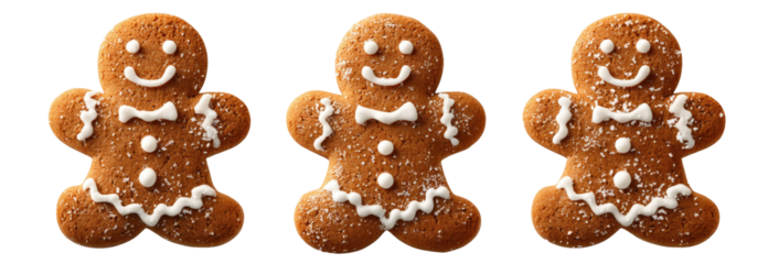 Three gingerbread men cookies, decorated with white icing and sprinkles