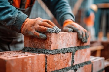 Hands of Mason Working with Red Bricks at Construction Site