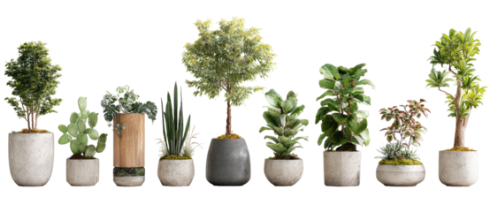 Assorted artificial potted plants in various shapes and sizes.  Different types of greenery, including trees, succulents, and foliage, are displayed in neutral-colored pots