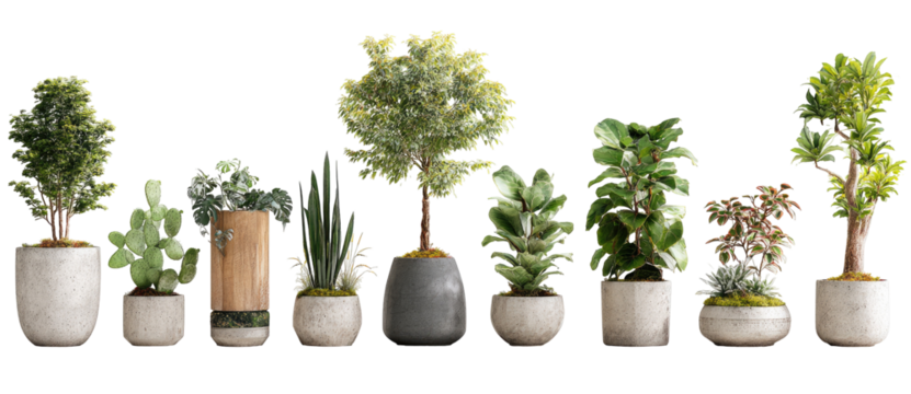 Assorted artificial potted plants in various shapes and sizes.  Different types of greenery, including trees, succulents, and foliage, are displayed in neutral-colored pots