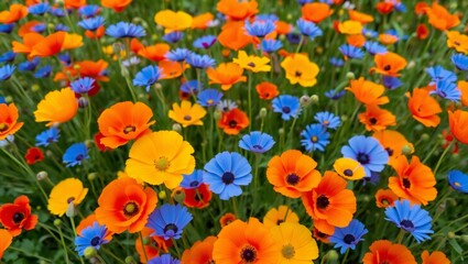 Vibrant field of colorful poppies and blue flowers in full bloom