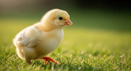A small, fluffy yellow chick stands on green grass, illuminated by soft, natural light.