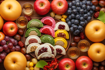 Healthy fruit and a variety of moon cake