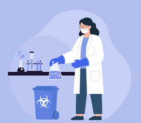 A female scientist in a lab coat and mask carefully disposes of biohazardous waste, illustrating laboratory safety protocols and proper waste management