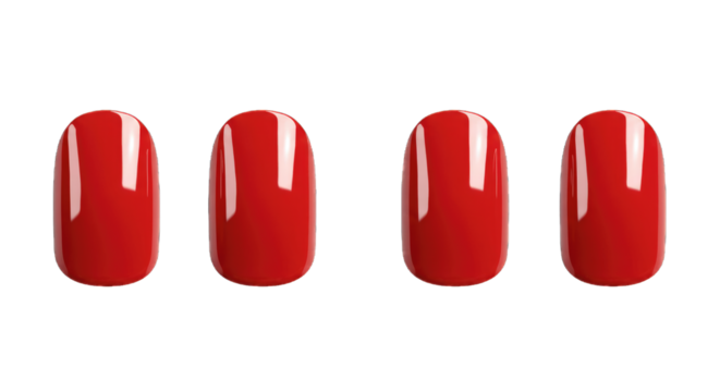 Four red nail polish samples arranged in a row isolated on a transparent background - Powered by Adobe
