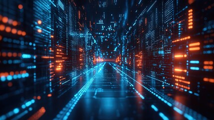 Digital Data Tunnel with Blue and Orange Glowing Lights
