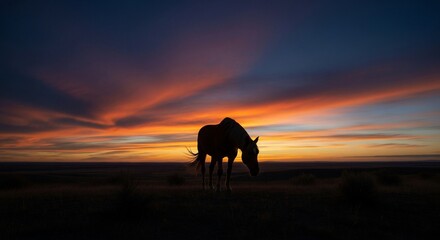 A lone horse grazes in a field silhouetted against a vibrant sunset with orange, pink, and blue hues in the sky.