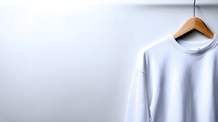 A simple white sweatshirt hangs on a wooden hanger against a plain light gray background.