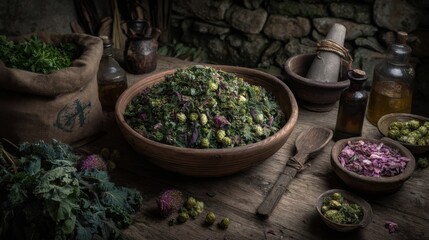 Herbal preparation workshop rustic kitchen food art natural setting close-up view culinary crafting