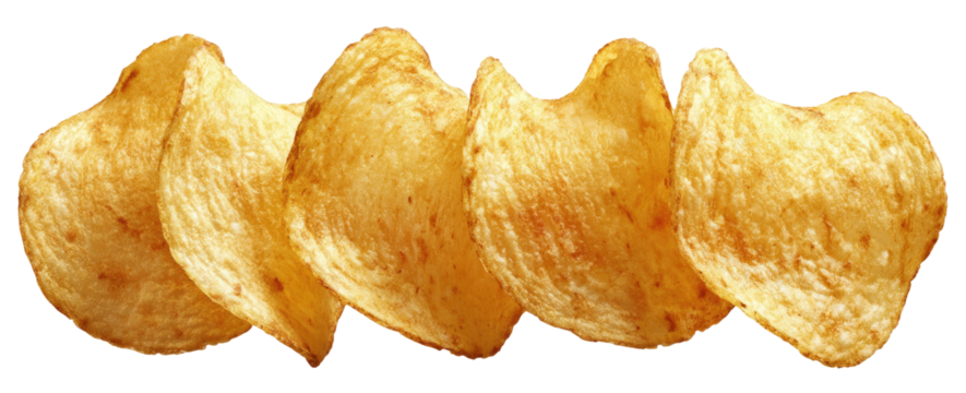 Golden potato chips arranged in a horizontal row