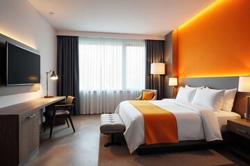 Sleek, modern motel room interior with vibrant accent wall, stylish furniture, and minimalist decor Perfect for travel, vacation, or hotel industry marketing , hospitality, vacation, interior